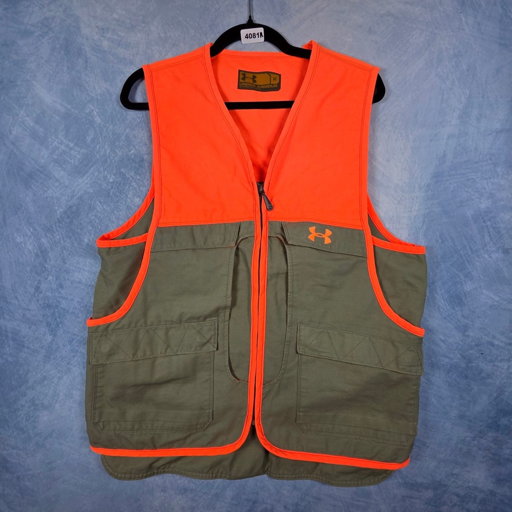 Under Armour Mens Blaze Orange Green Hunting Game Vest Size Medium Full Zip